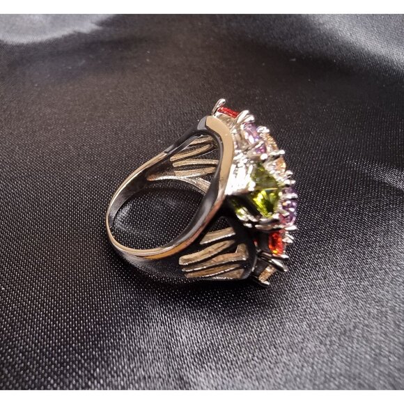 Multi-Gemstone Silver Color Statement Ring With Square & Oval Cut Stones - Picture 4 of 5